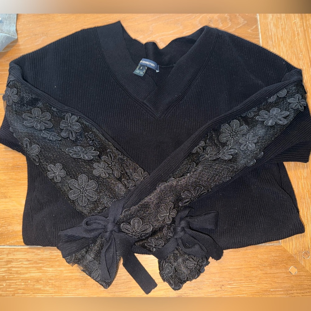 French Connection Black Sweater with Lace Floral Sleeves